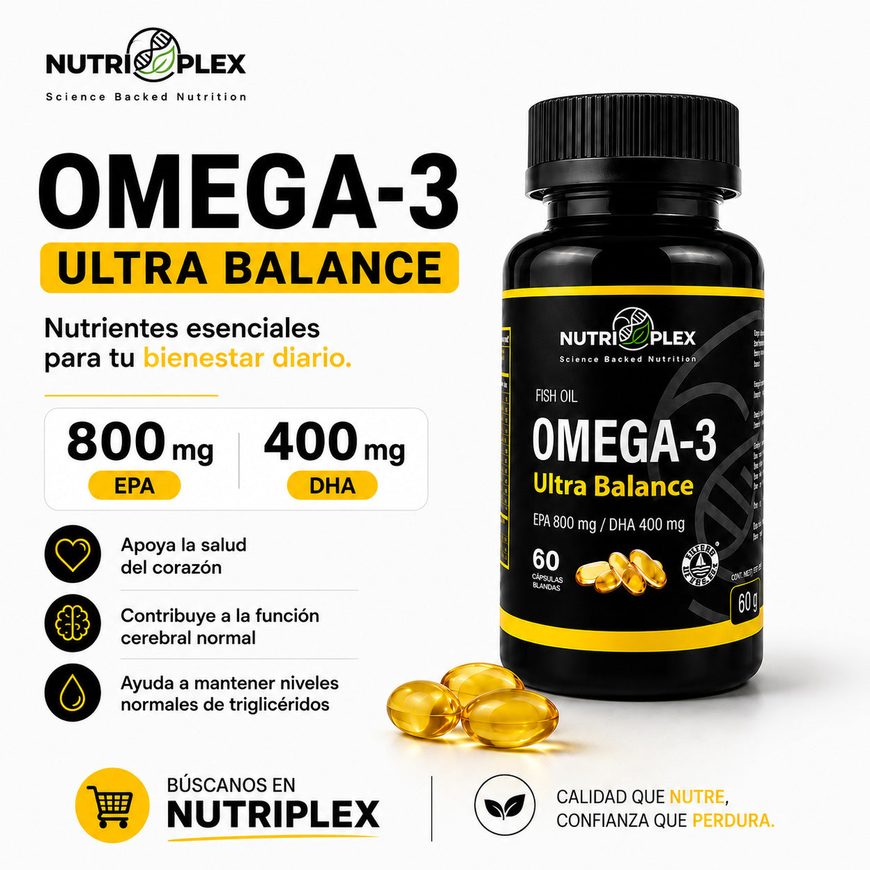 Beneficios de Omega 3 Ultra Balance Nutriplex con EPA 800 mg y DHA 400 mg